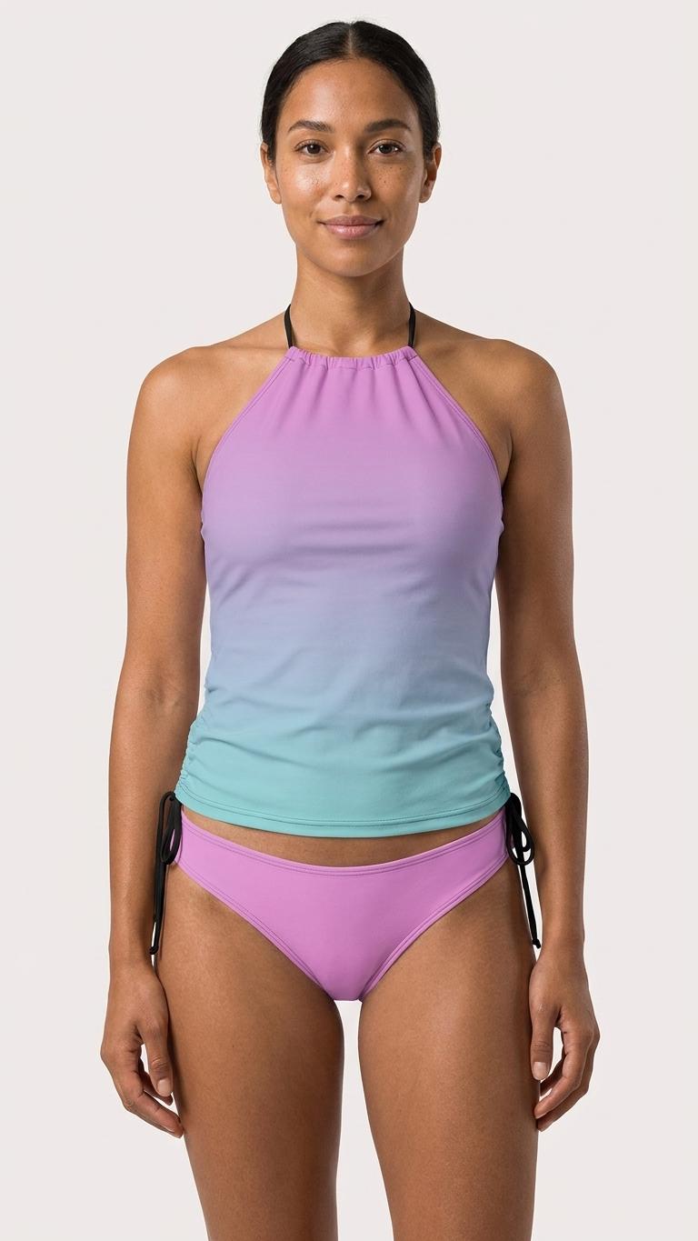 Stylish Halterneck Tankini – Bubblegum Pop Gradient Two-Piece Swimsuit, Side Drawstrings, Flattering & Comfortable