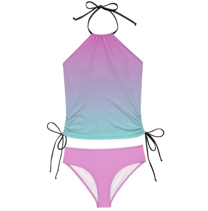Stylish Halterneck Tankini – Bubblegum Pop Gradient Two-Piece Swimsuit, Side Drawstrings, Flattering & Comfortable