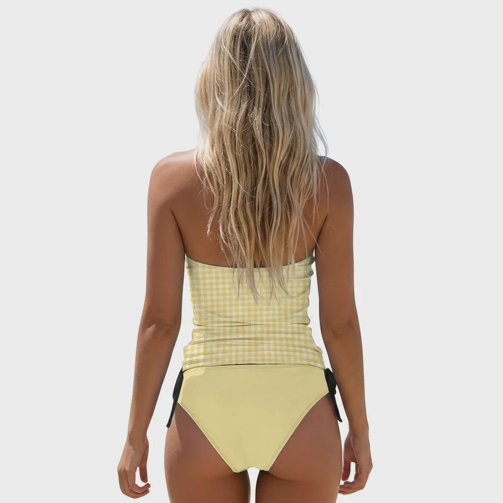 Stylish Halter Tankini – Yellow Gingham Two-Piece Swimsuit – Side Drawstrings, Flattering & Comfortable