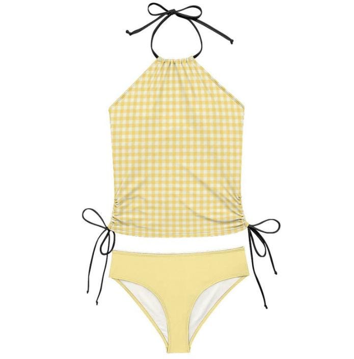 Stylish Halter Tankini – Yellow Gingham Two-Piece Swimsuit – Side Drawstrings, Flattering & Comfortable