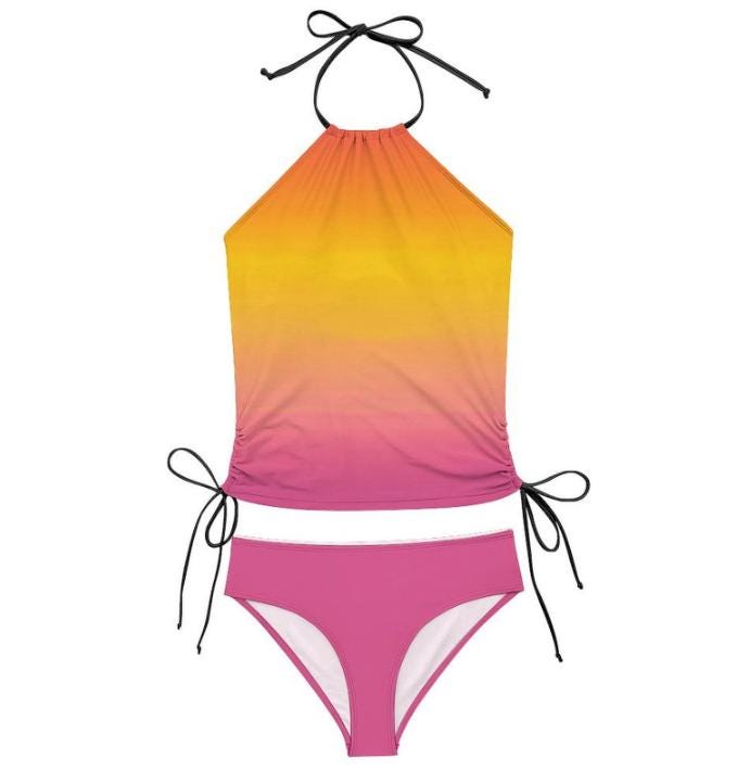 Stylish Halter Tankini – Sunset Gradient Two-Piece Swimsuit, Side Drawstrings, Flattering & Comfortable