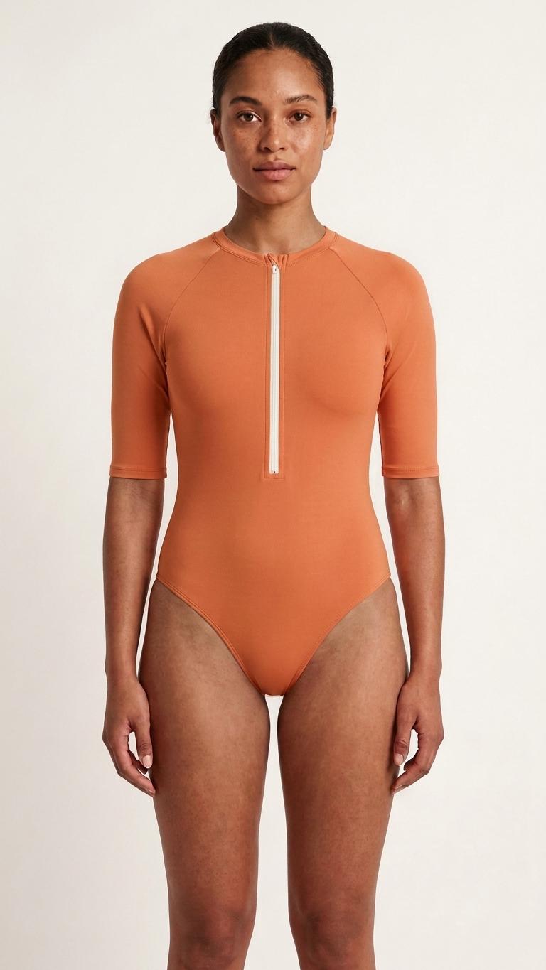 Tangerine Orange Lightweight One-Piece Swimsuit, Zip Front, High Leg, Rash Guard- Unlined