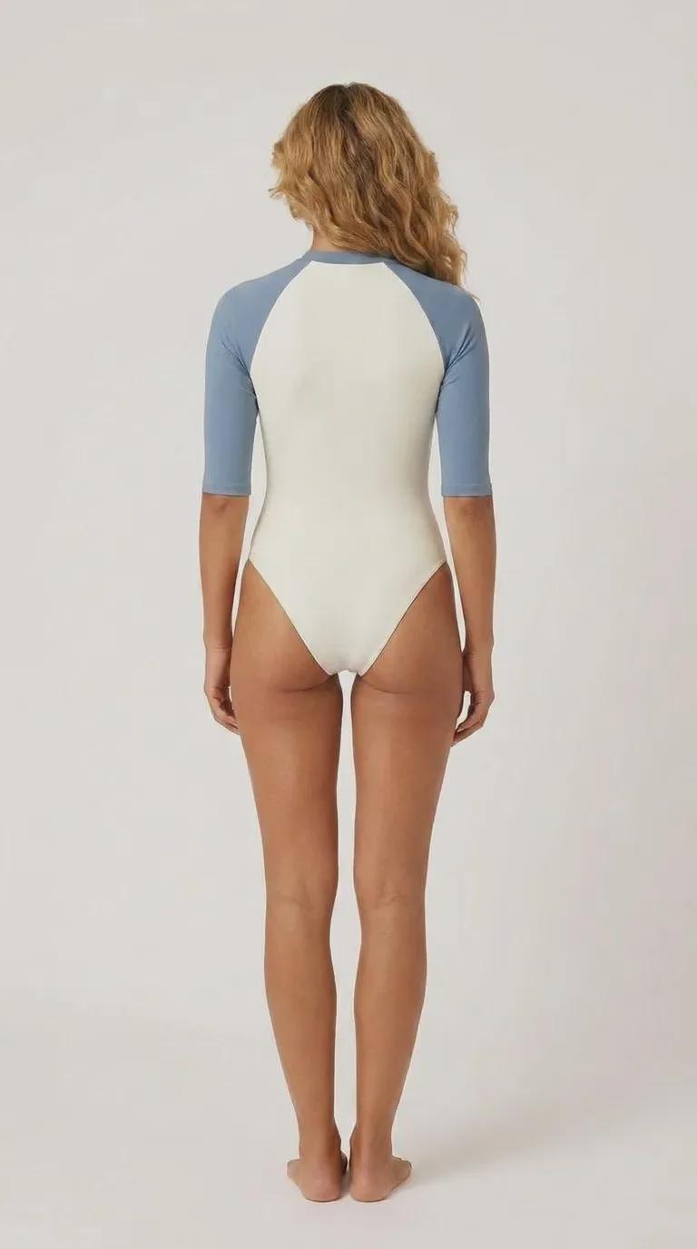 Two-Tone Classic Retro Lightweight One-Piece Swimsuit, Zip Front, High Leg, Rash Guard - Unlined