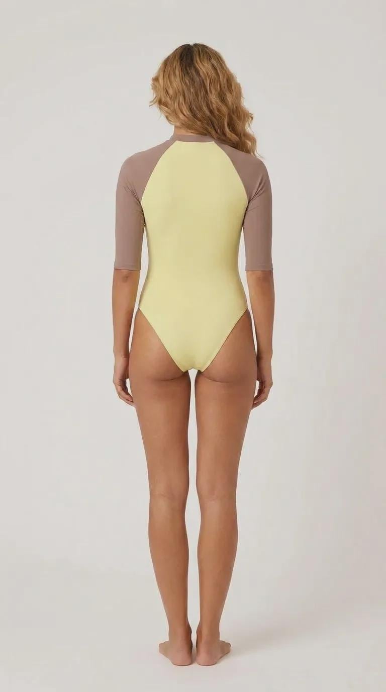 Two-Tone Classic Brown & Vanilla Lightweight One-Piece Swimsuit, Zip Front, High Leg, Rash Guard - Unlined