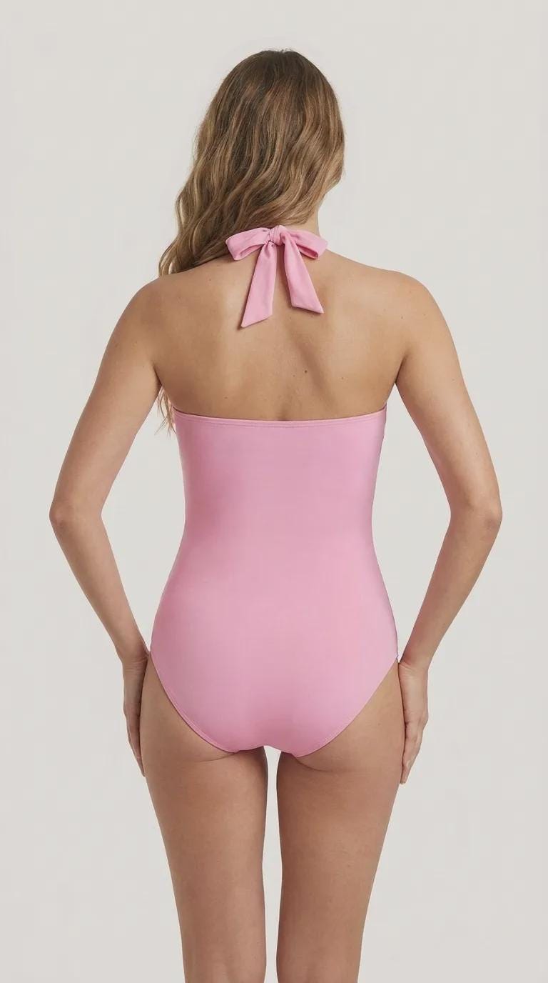Retro Coquette Bubblegum Pink Sweetheart One-Piece, Vintage Pin-Up Halter Ruched Swimsuit, Tummy Control & Padding