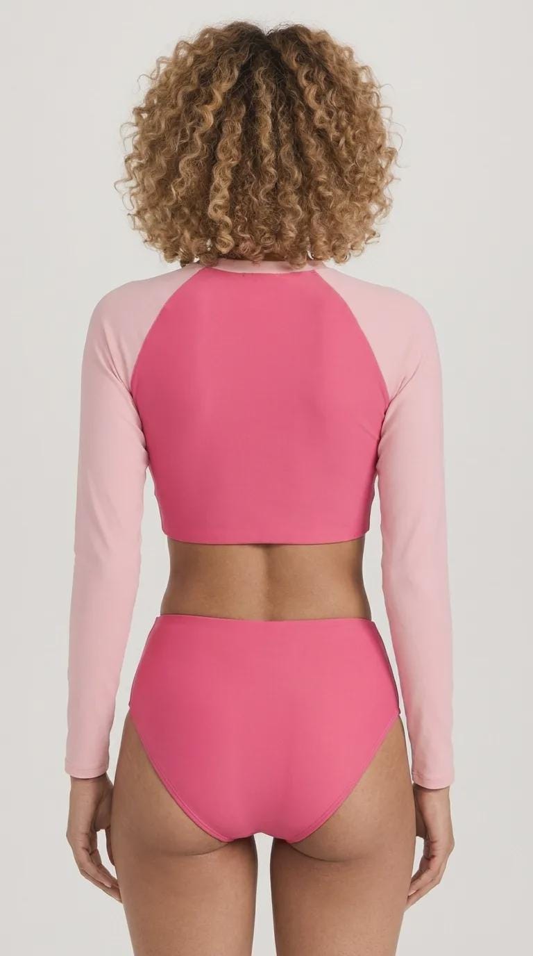 Vintage-Inspired Two-Tone Pink Two-Piece Swimsuit | Retro Surf Long-Sleeve Crop-Top | High-Waisted Bottoms
