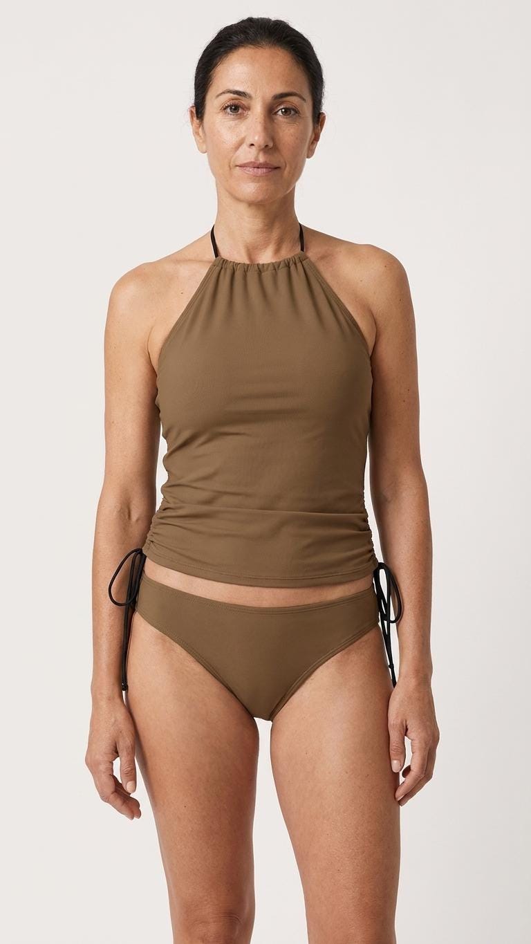 Halterneck Tankini Two-Piece Swimsuit – Side Drawstrings, Flattering & Comfortable – Brown