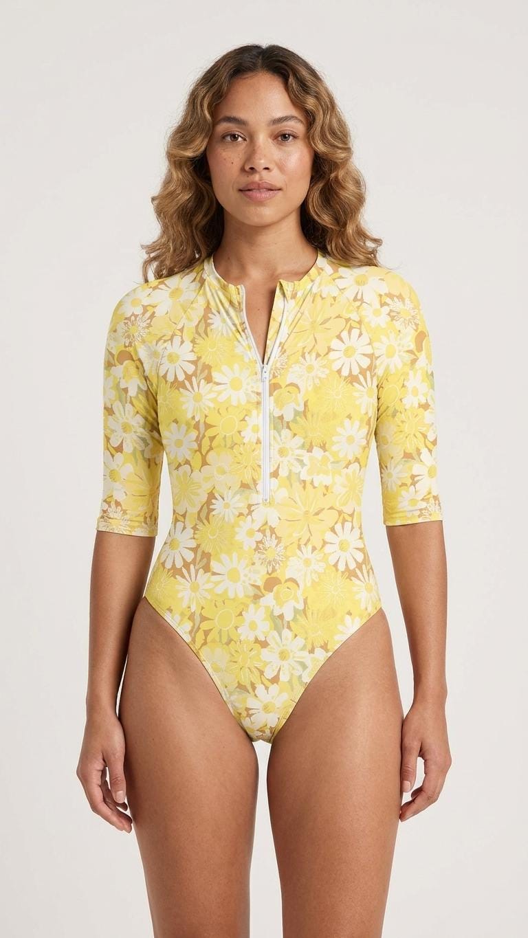 Lightweight One-Piece Swimsuit, Lightweight Front-Zip Rash-Guard, Yellow Retro Florals- Unlined