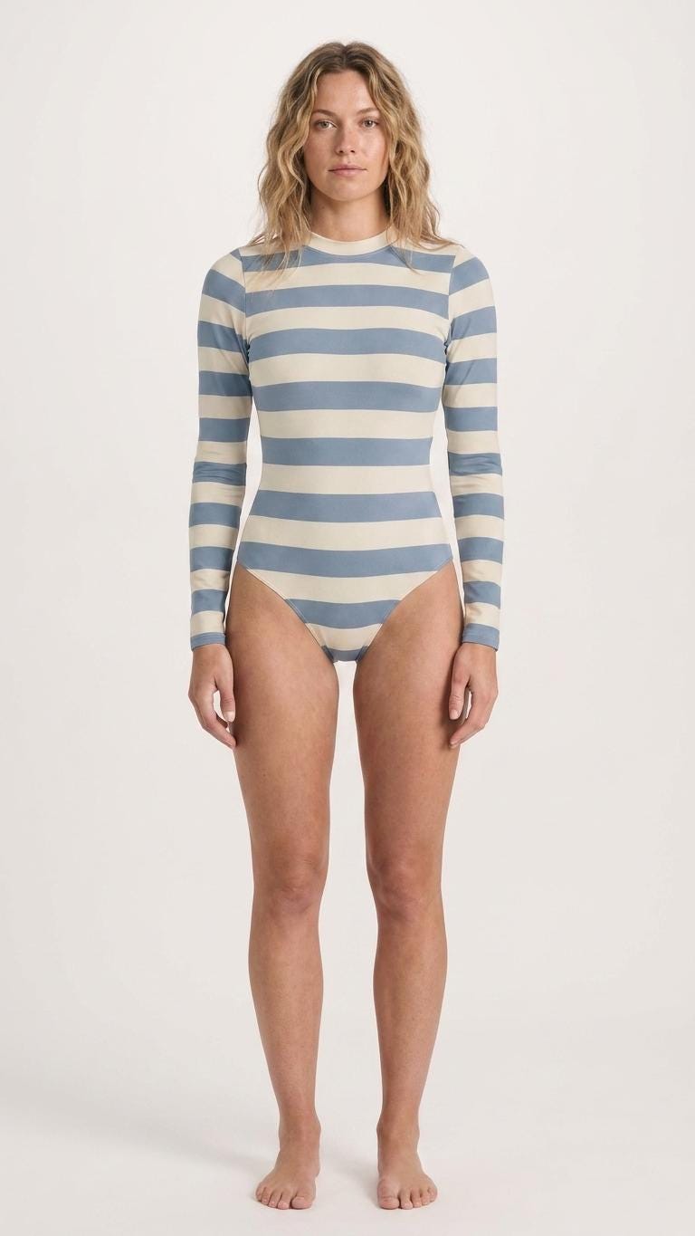 Retro Long-Sleeve One-Piece Swimsuit - Back Zipper - Lightweight & Sheer, Soft Chest Pads - Blue Stripes