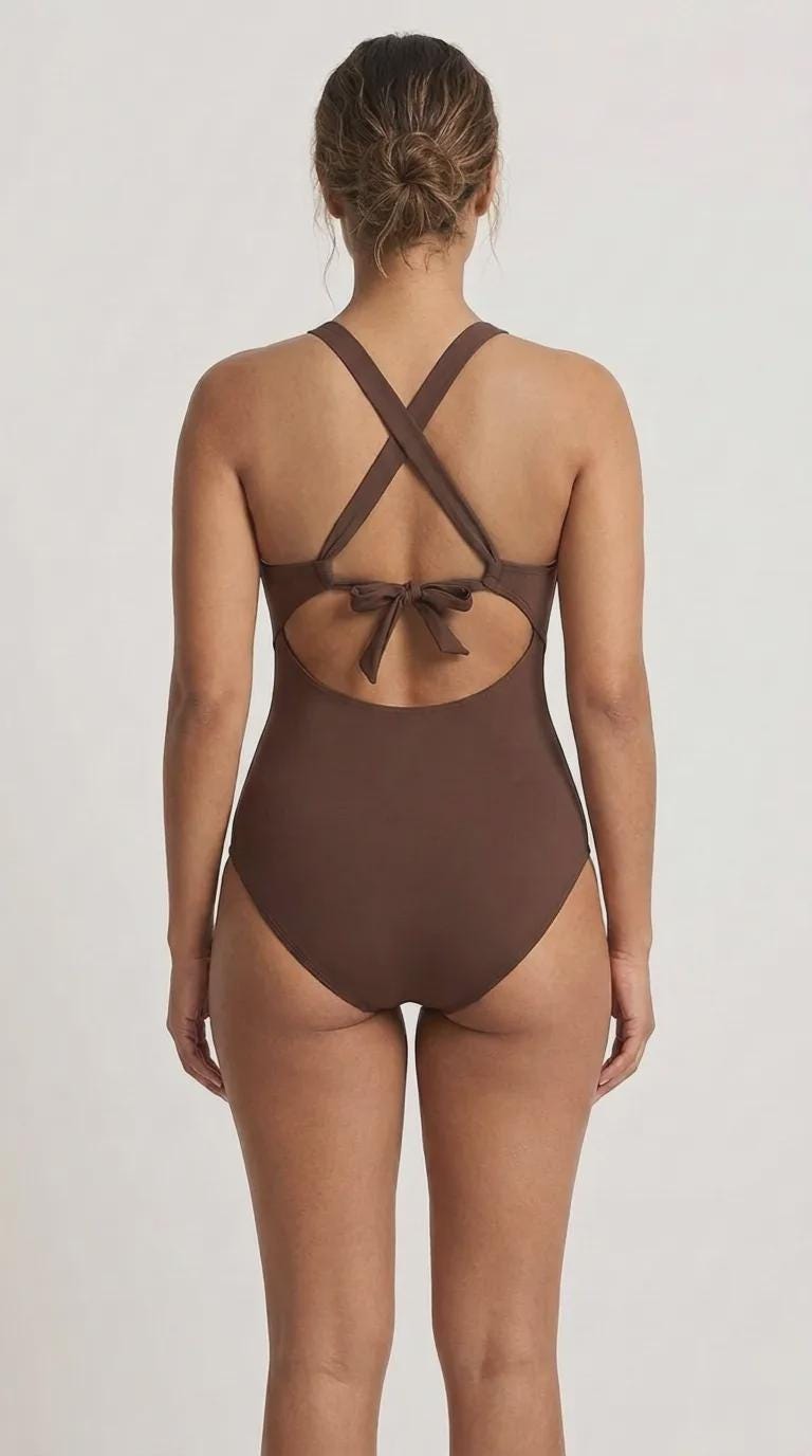 Deep V-Neck Plunge Ruched One-Piece Swimsuit, Cross-Back Tie & Tummy Control, Brown