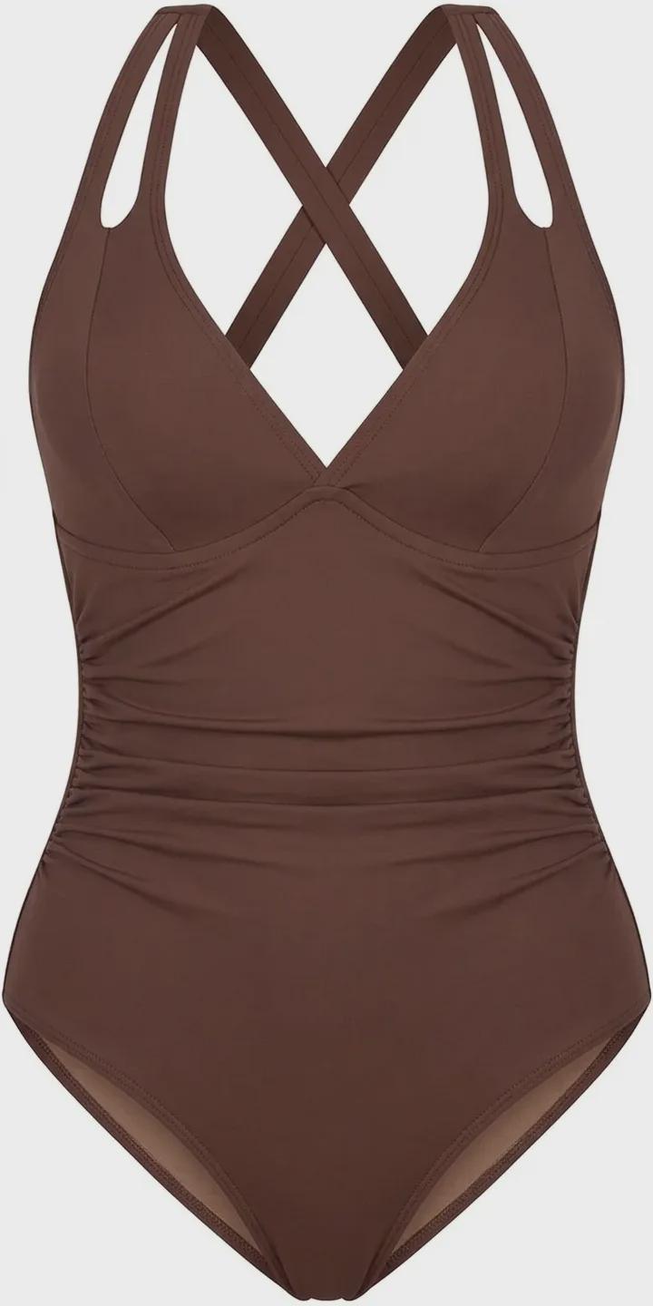 Deep V-Neck Plunge Ruched One-Piece Swimsuit, Cross-Back Tie & Tummy Control, Brown