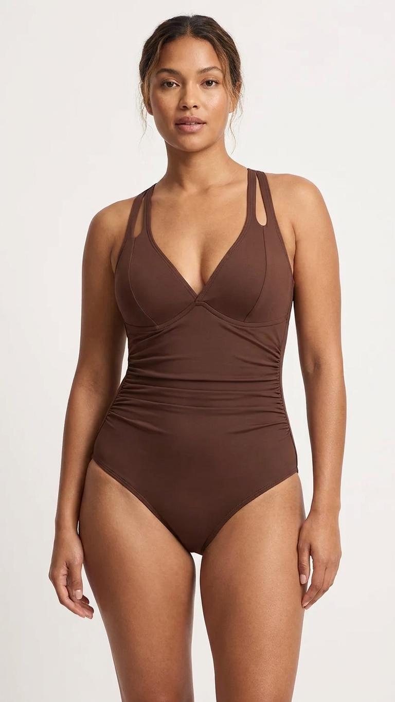 Deep V-Neck Plunge Ruched One-Piece Swimsuit, Cross-Back Tie & Tummy Control, Brown
