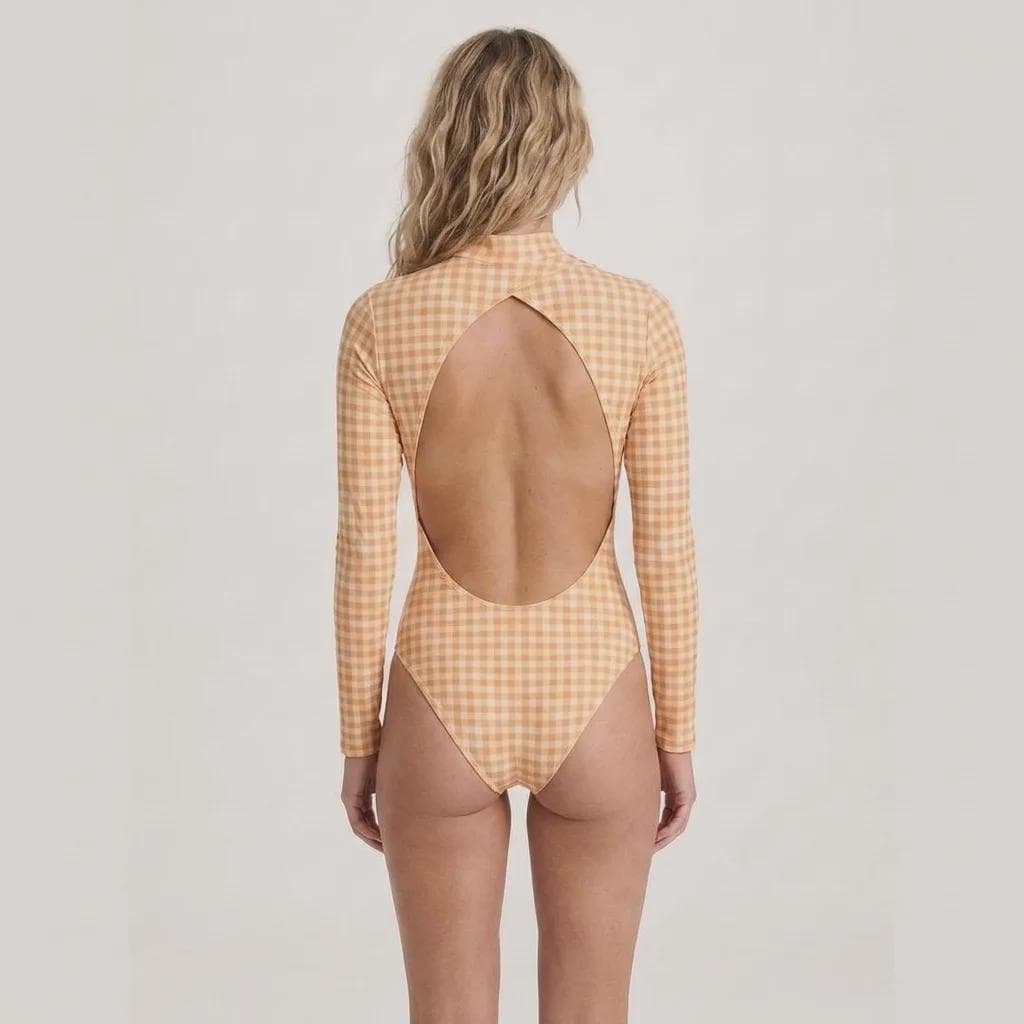 Tangerine Orange Gingham Long-Sleeve Open-Back Swimsuit, One-Piece Surf Swimwear, Front Lined, Removable Padding