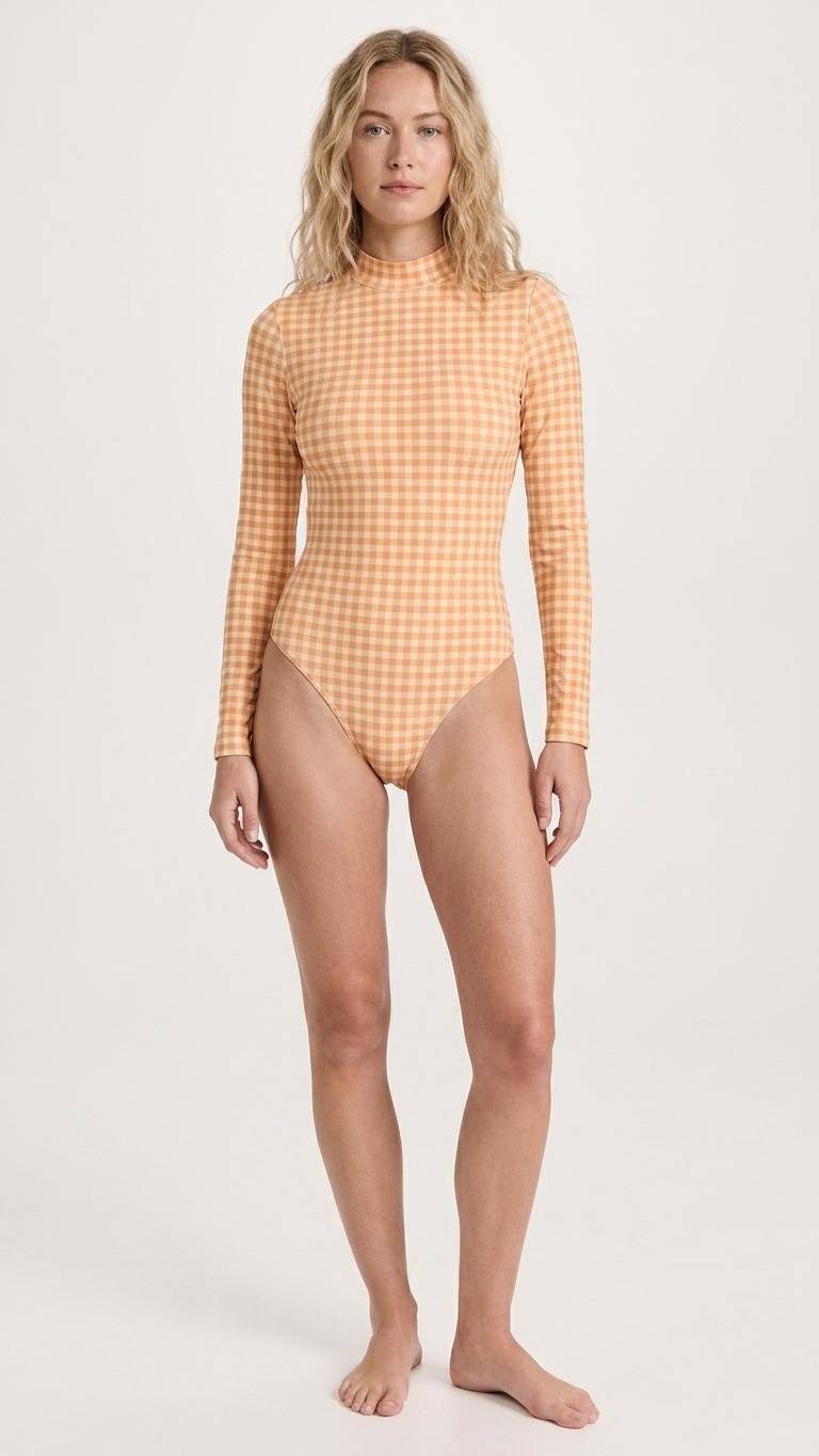 Tangerine Orange Gingham Long-Sleeve Open-Back Swimsuit, One-Piece Surf Swimwear, Front Lined, Removable Padding