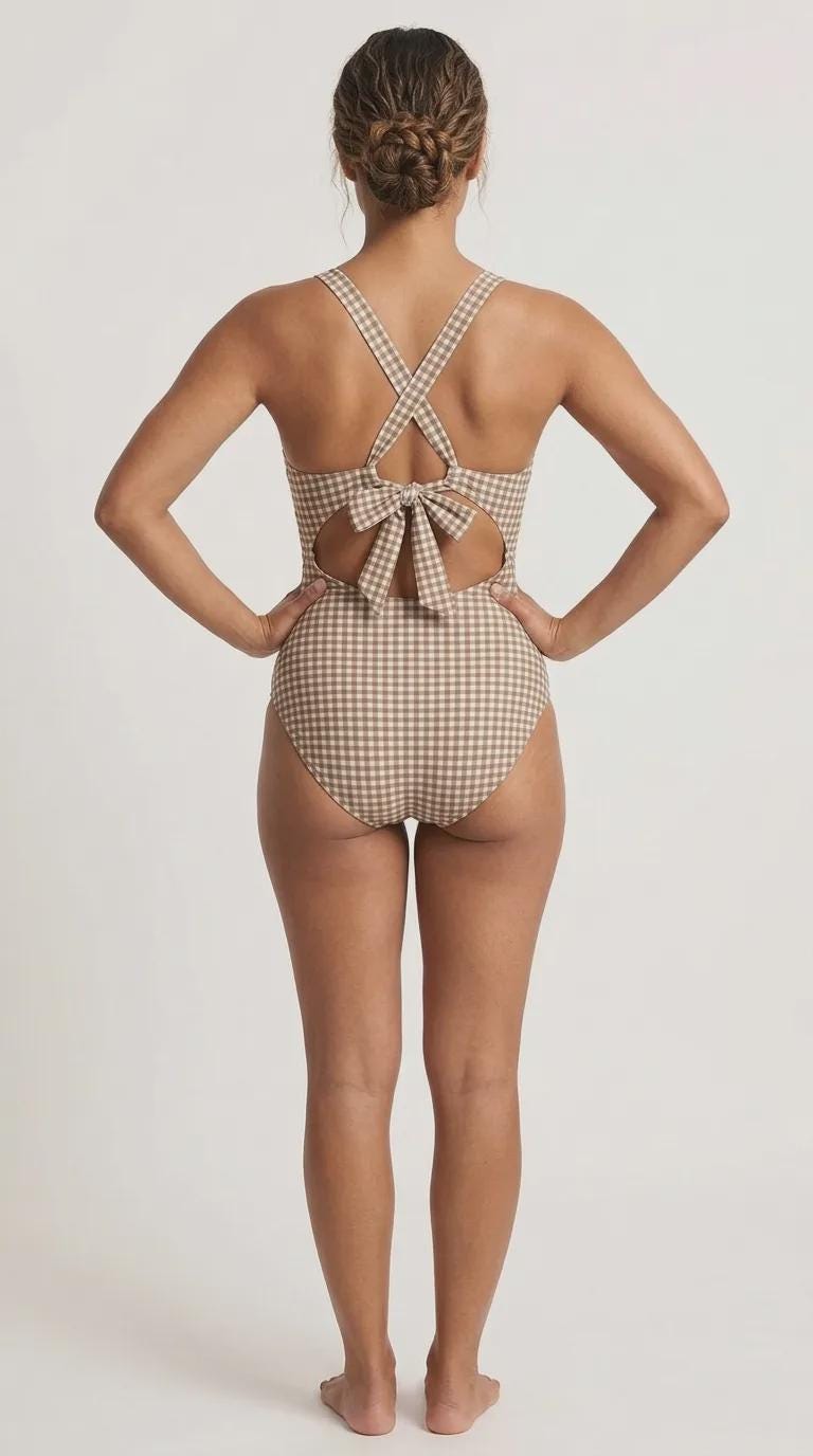 Deep V-Neck Plunge Ruched One-Piece Swimsuit, Cross-Back Tie & Tummy Control, Brown Gingham
