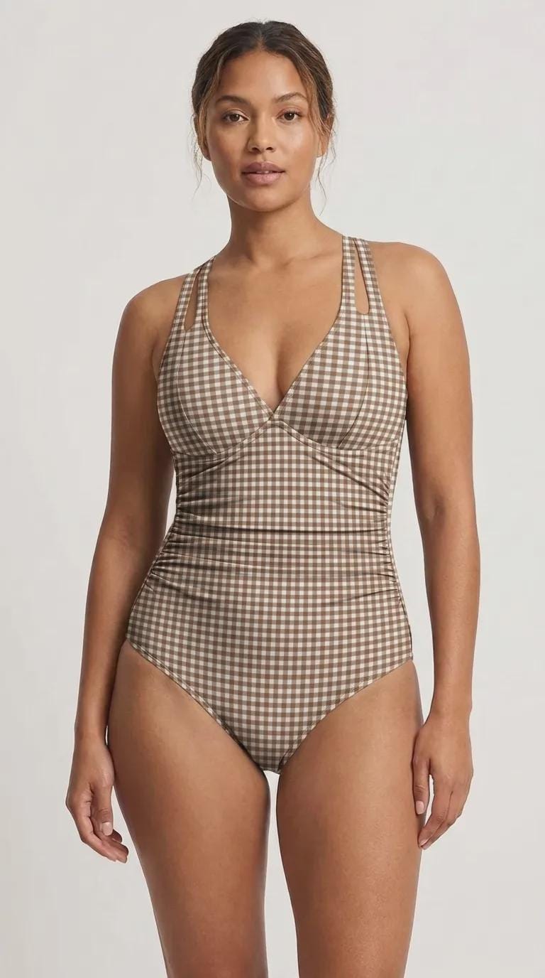 Deep V-Neck Plunge Ruched One-Piece Swimsuit, Cross-Back Tie & Tummy Control, Brown Gingham