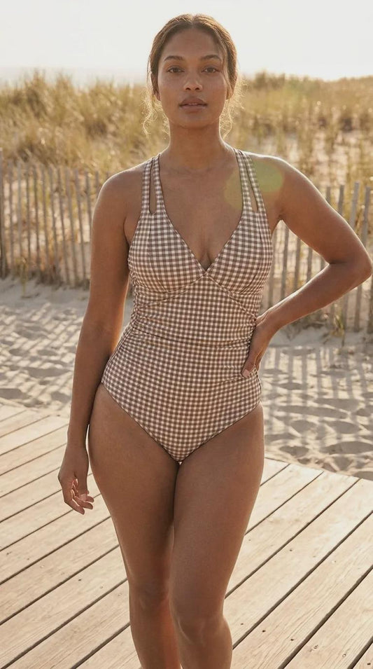 Deep V-Neck Plunge Ruched One-Piece Swimsuit, Cross-Back Tie & Tummy Control, Brown Gingham
