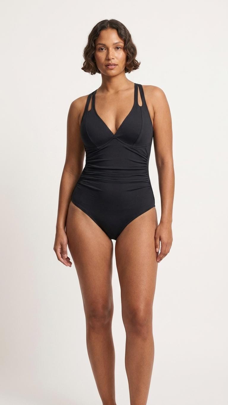 Deep V-Neck Plunge Ruched One-Piece Swimsuit, Cross-Back Tie, Tummy Control, Black