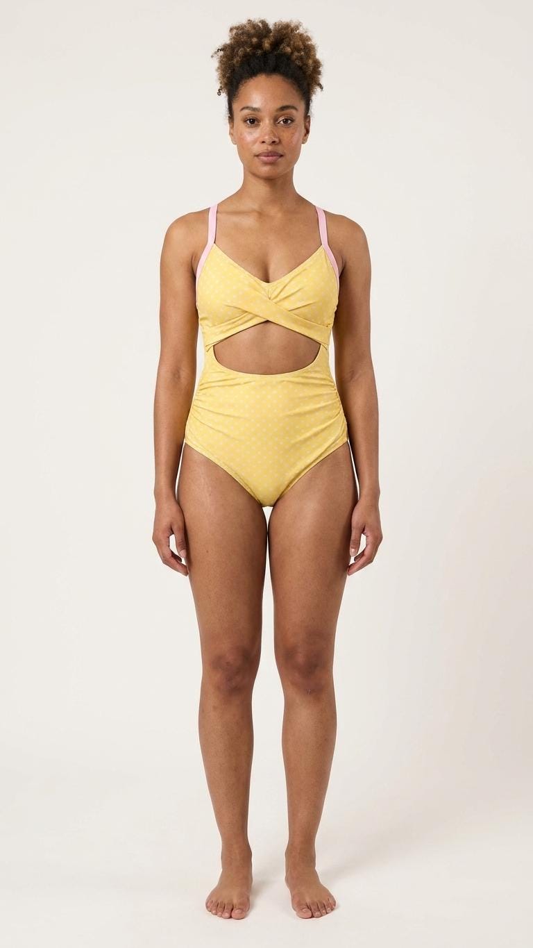 Polka Dot Cut-Out One-Piece Swimsuit, Lace-Up Back & Ruching, Yellow with Pink Details, Pin-Up Vibes