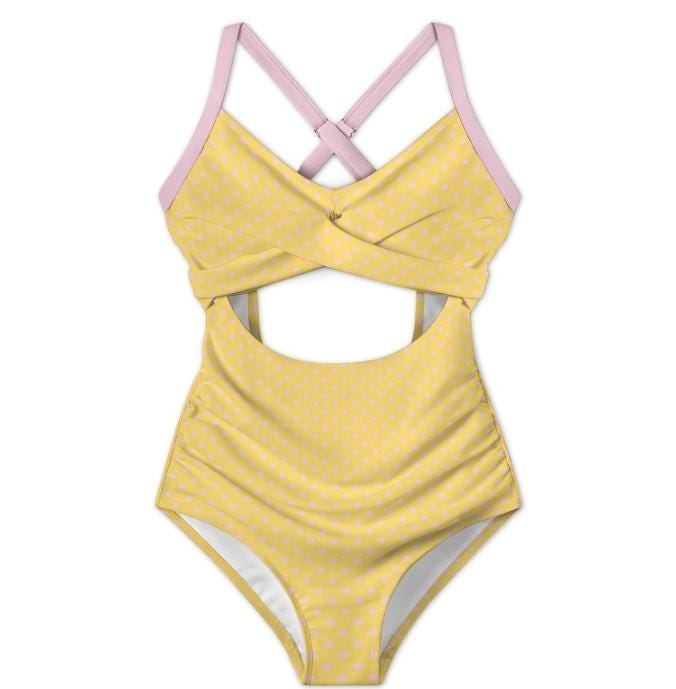 Polka Dot Cut-Out One-Piece Swimsuit, Lace-Up Back & Ruching, Yellow with Pink Details, Pin-Up Vibes