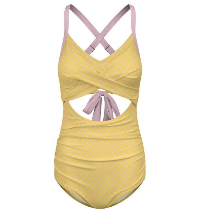 Polka Dot Cut-Out One-Piece Swimsuit, Lace-Up Back & Ruching, Yellow with Pink Details, Pin-Up Vibes