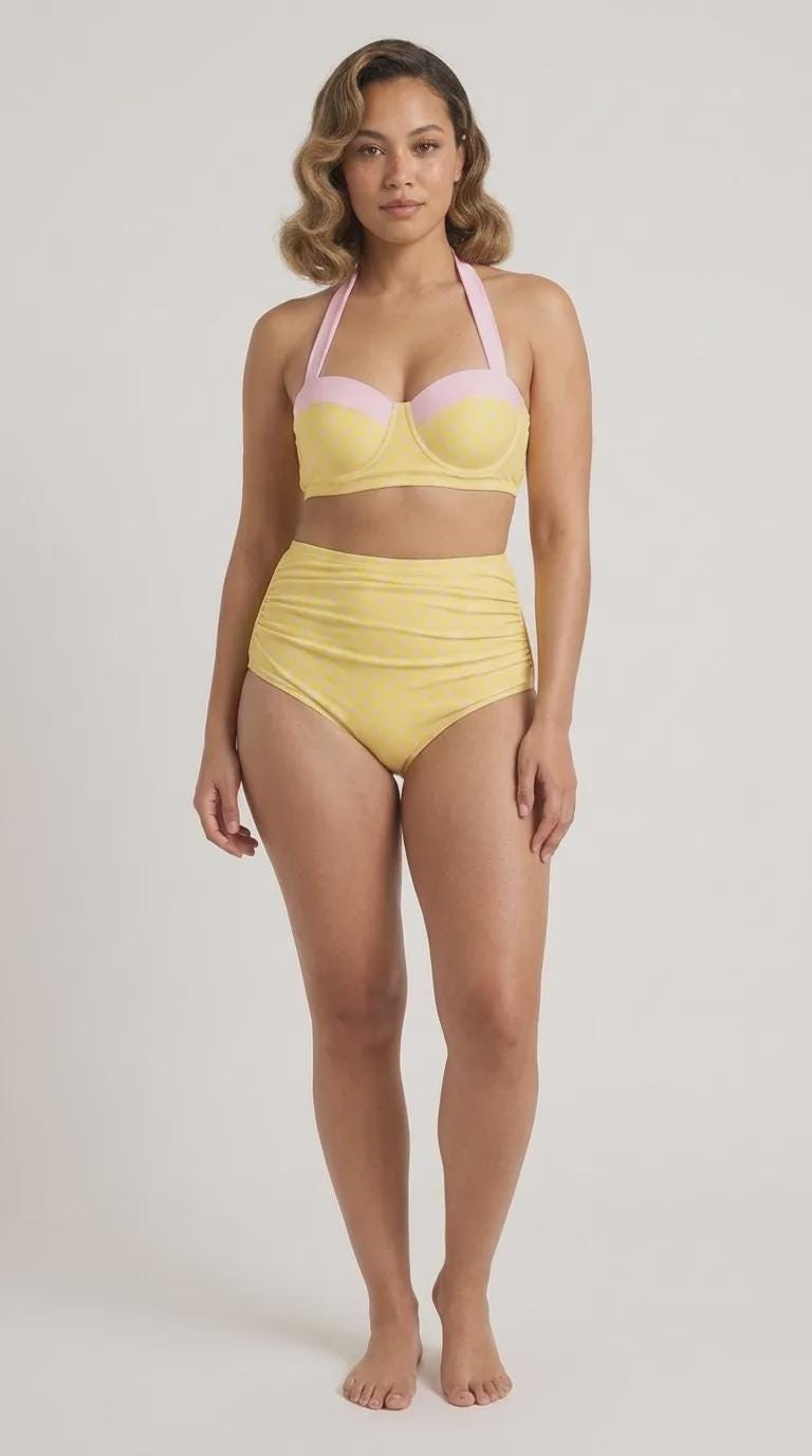 Retro Sweetheart High-Waist Bikini, Pin-Up Halter Swimsuit, Yellow & Pink Polka-Dot