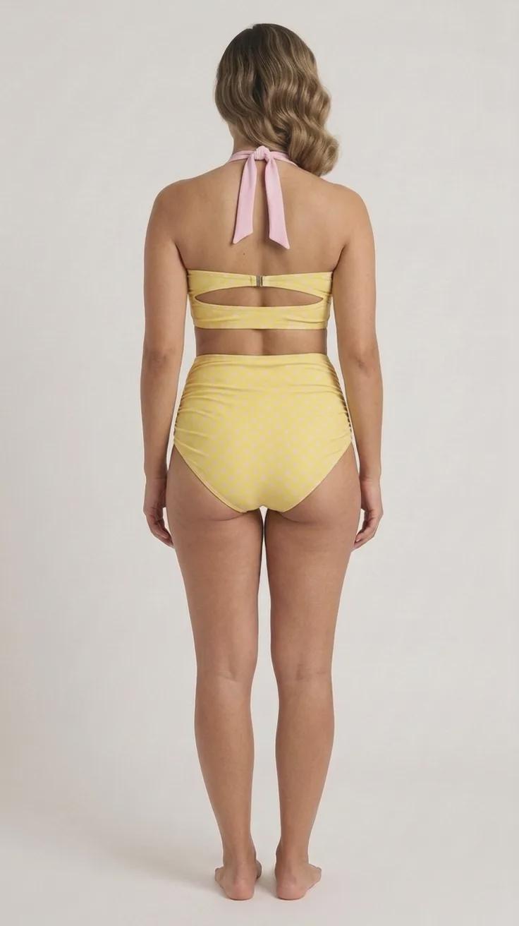 Retro Sweetheart High-Waist Bikini, Pin-Up Halter Swimsuit, Yellow & Pink Polka-Dot