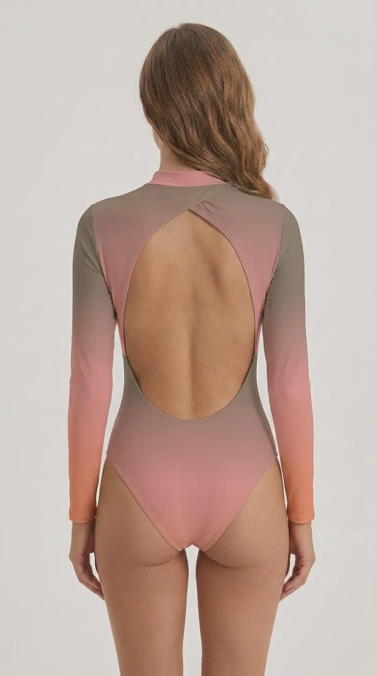 Ombré Brown and Rose Long-Sleeve Swimsuit with Open Back - Front-Lined & Padded