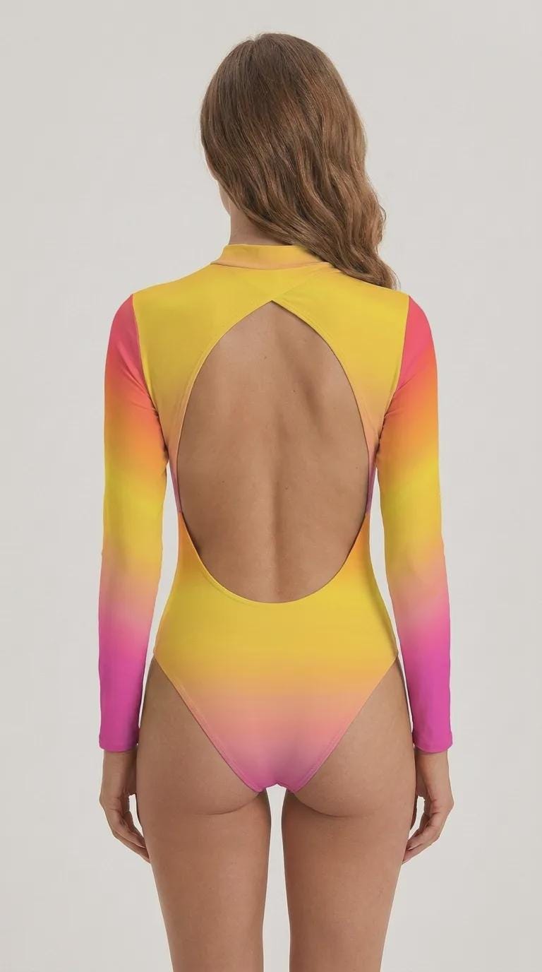 Sunset Gradient Long-Sleeve Swimsuit with Open Back - Lined & Padded