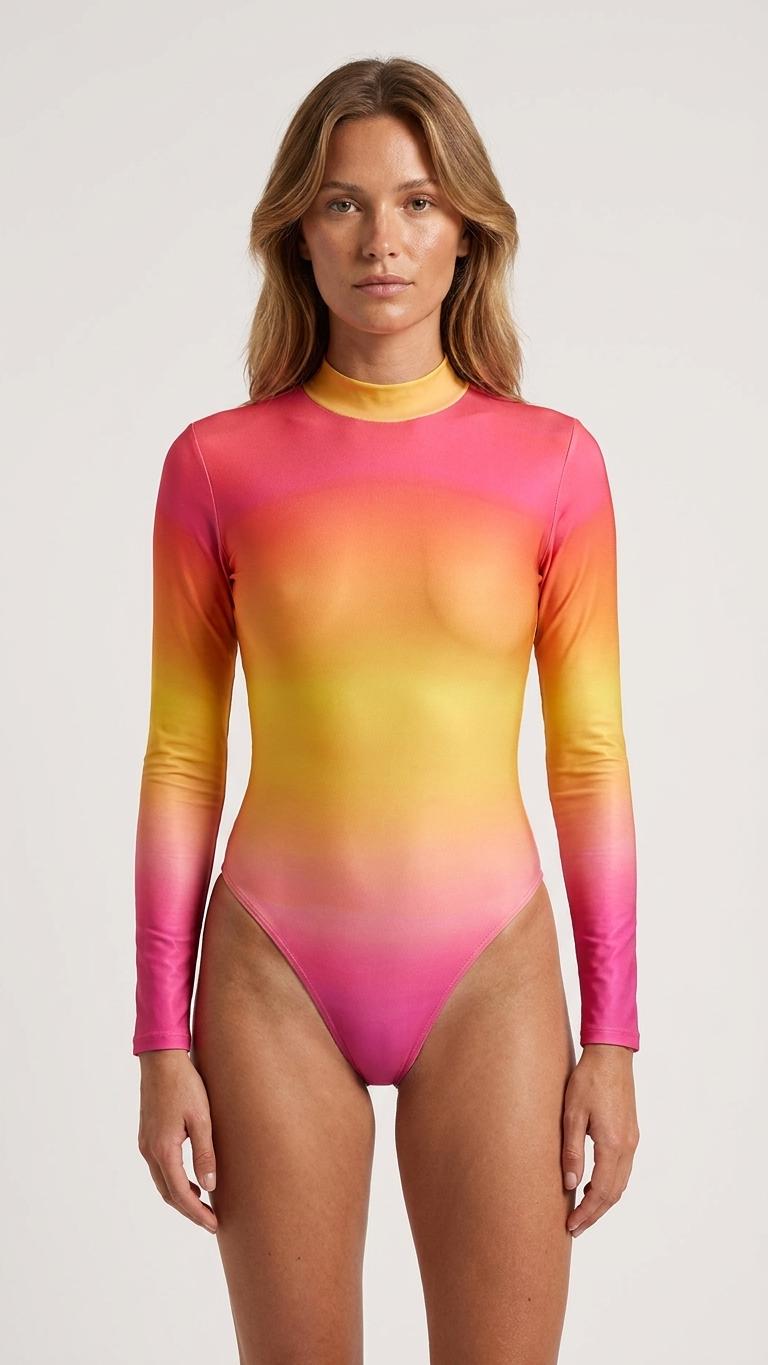 Sunset Gradient Long-Sleeve Swimsuit with Open Back - Lined & Padded