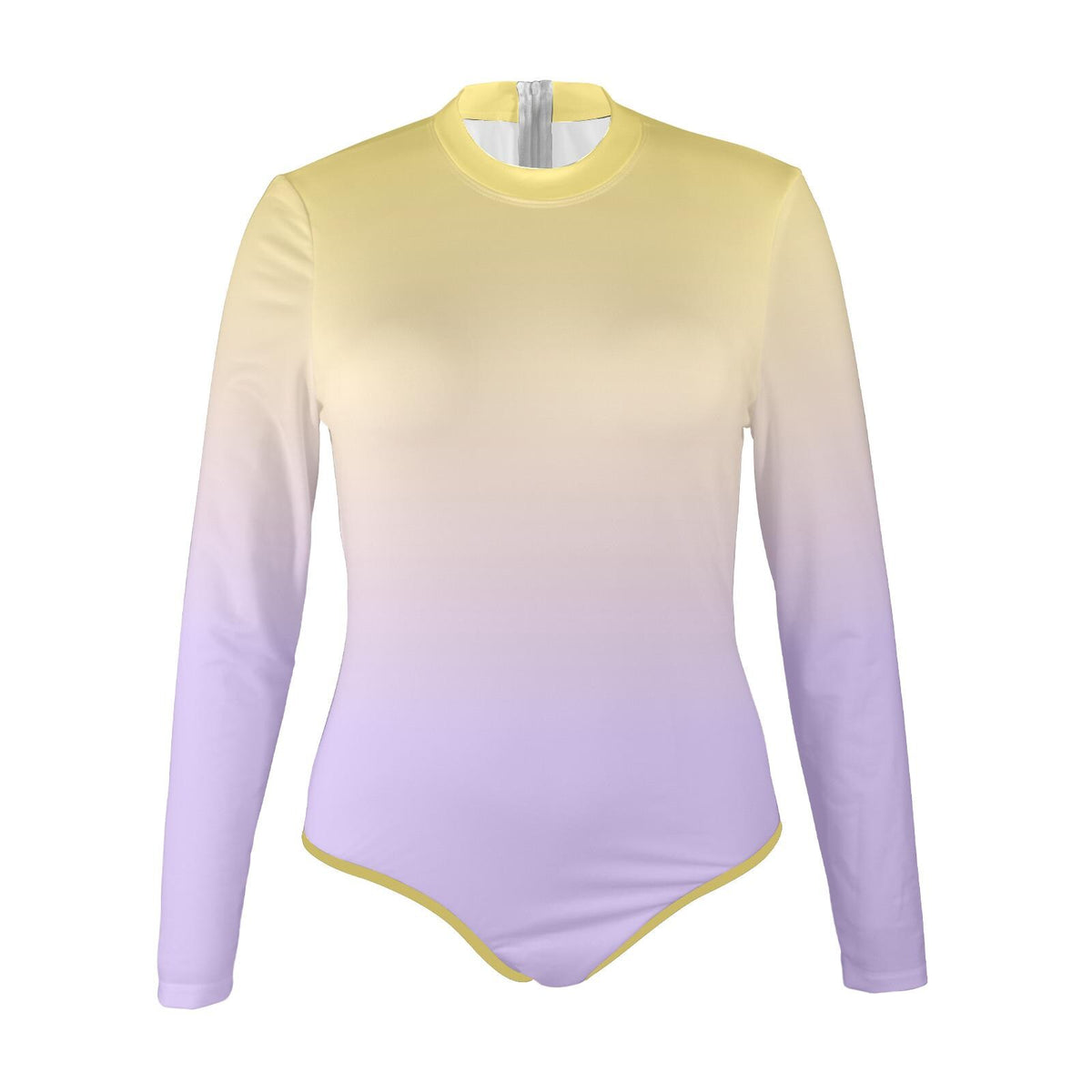 Gradient Long-Sleeve One-Piece Swimsuit - Back Zipper - Lightweight, Sheer - Soft Chest Pads - Lavender & Yellow
