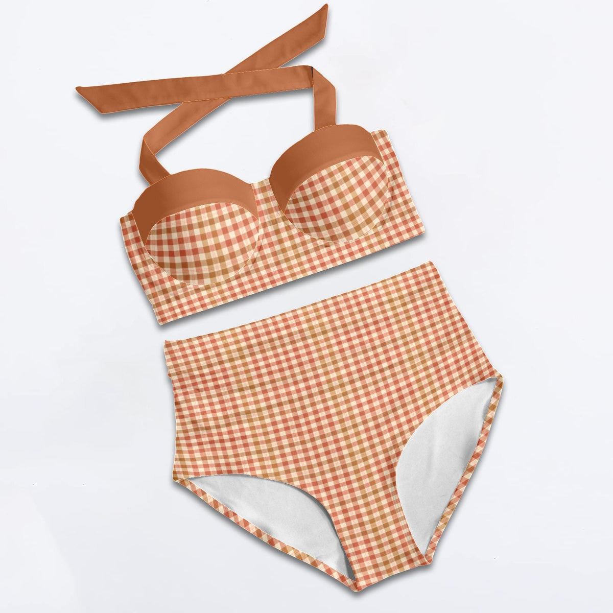 Retro Sweetheart High-Waist Bikini, Vintage-Inspired Pin Up Halter Swimsuit, Earthy Warm Colours Plaid