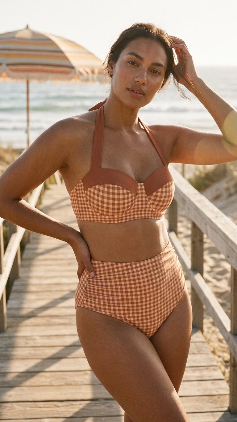 Retro Sweetheart High-Waist Bikini, Vintage-Inspired Pin Up Halter Swimsuit, Earthy Warm Colours Plaid