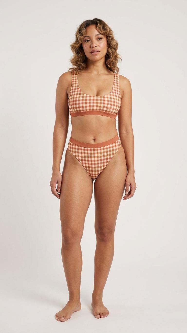Vintage-Inspired Plaid Sporty Sexy Bikini – High-Waist High-Leg Swimsuit, Scoop-Neck Crop-Top, Earthy Colours