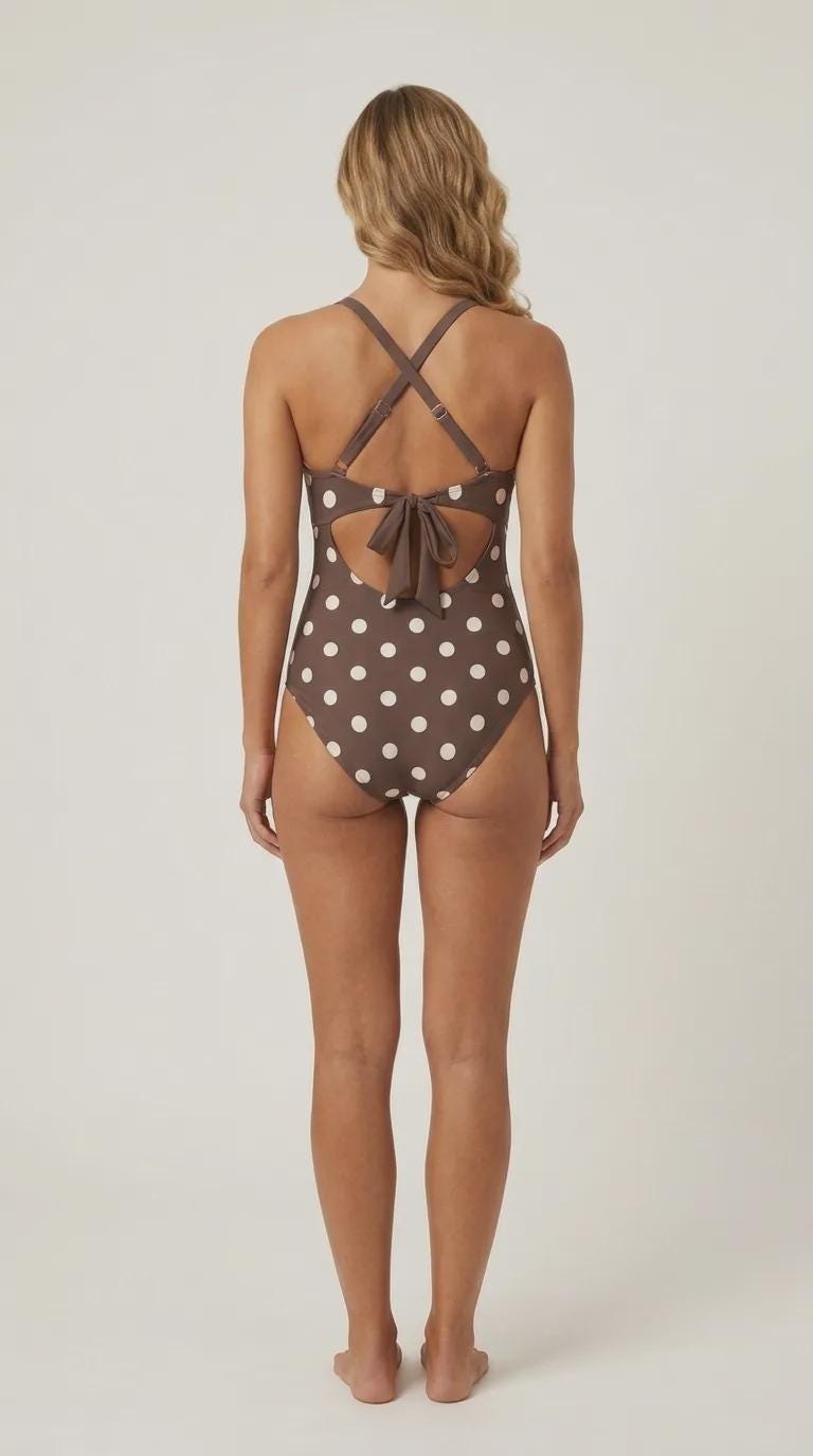 Polka Dot Cut-Out One-Piece Swimsuit, Lace-Up Back & Ruching, Pin-Up Vibes, Brown