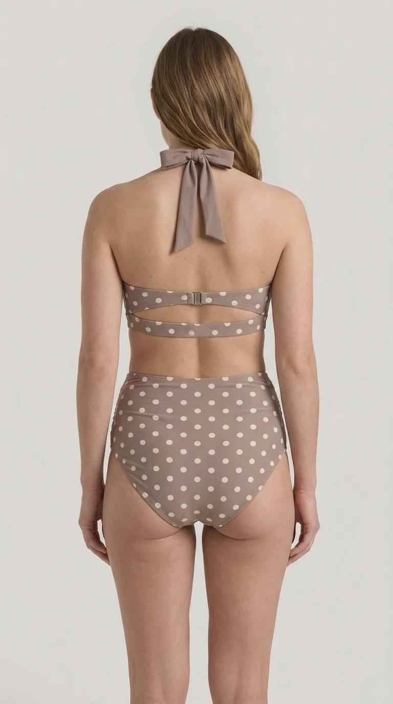 Retro High-Waisted Bikini | Pin-Up Ruched Two-Piece Swimsuit, Mink Brown Polka Dot