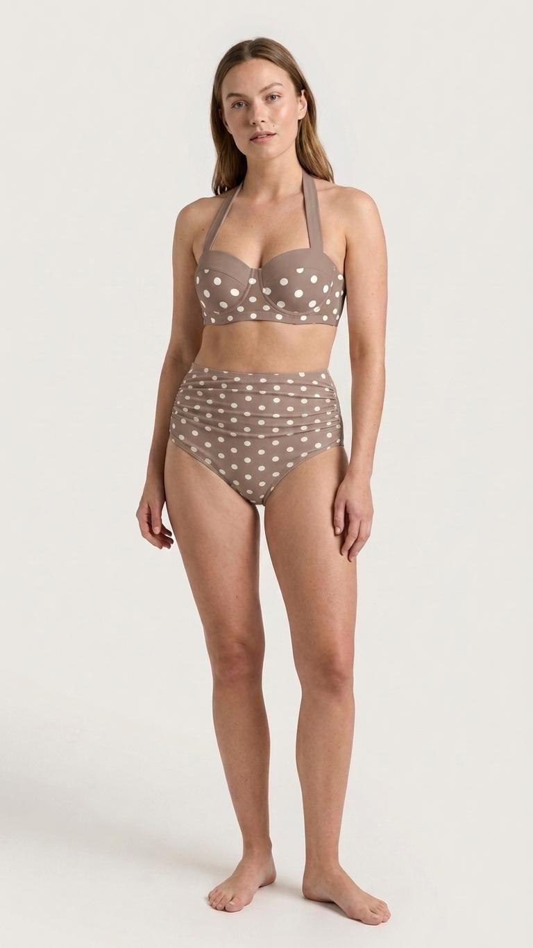 Retro High-Waisted Bikini | Pin-Up Ruched Two-Piece Swimsuit, Mink Brown Polka Dot