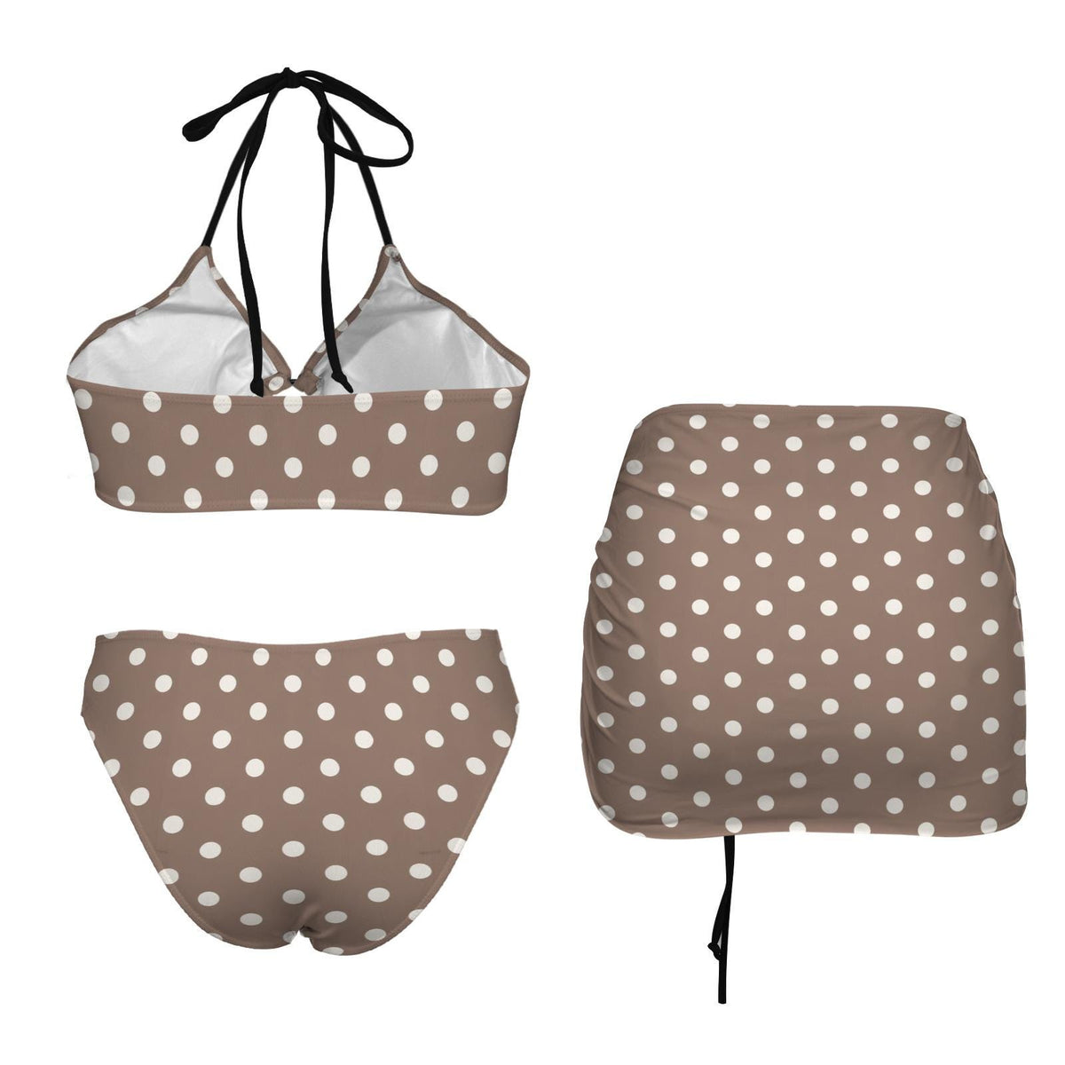 Halter Drawstring Three-Piece Swimsuit with Beach Skirt, Pin-Up Retro Vibe in Mink-Brown Polka-Dot