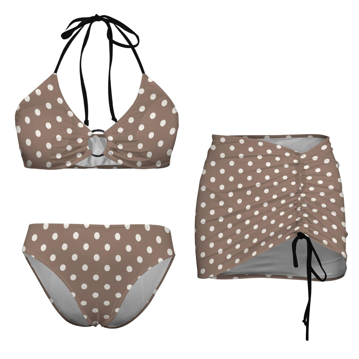 Halter Drawstring Three-Piece Swimsuit with Beach Skirt, Pin-Up Retro Vibe in Mink-Brown Polka-Dot