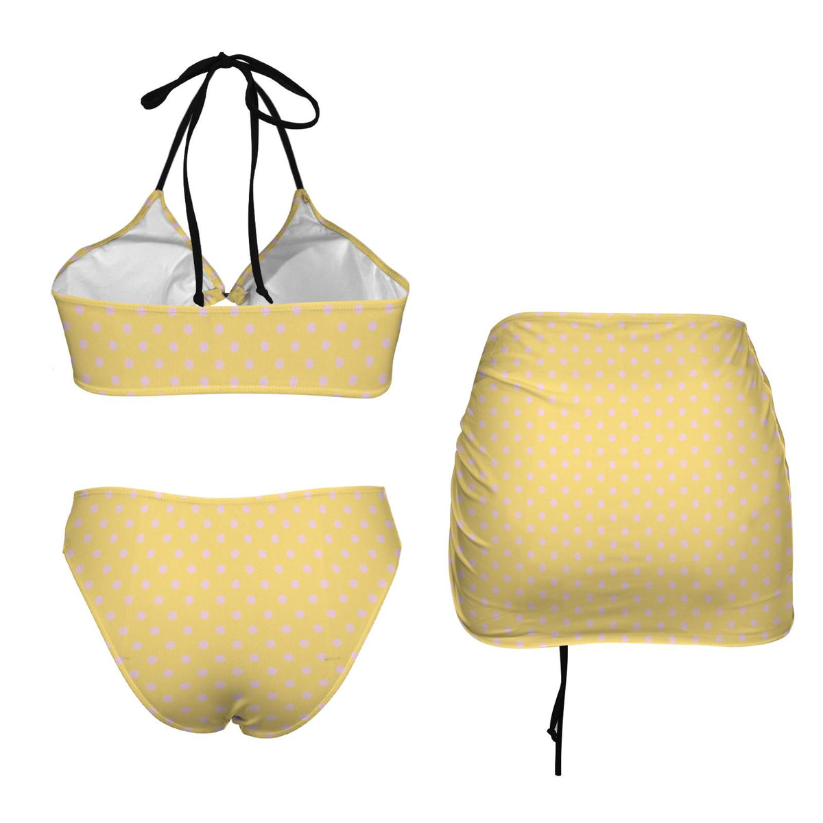 Halter Drawstring Three-Piece Swimsuit with Beach Skirt, Pin-Up Retro Vibe, Yellow & Pink Polka-Dot