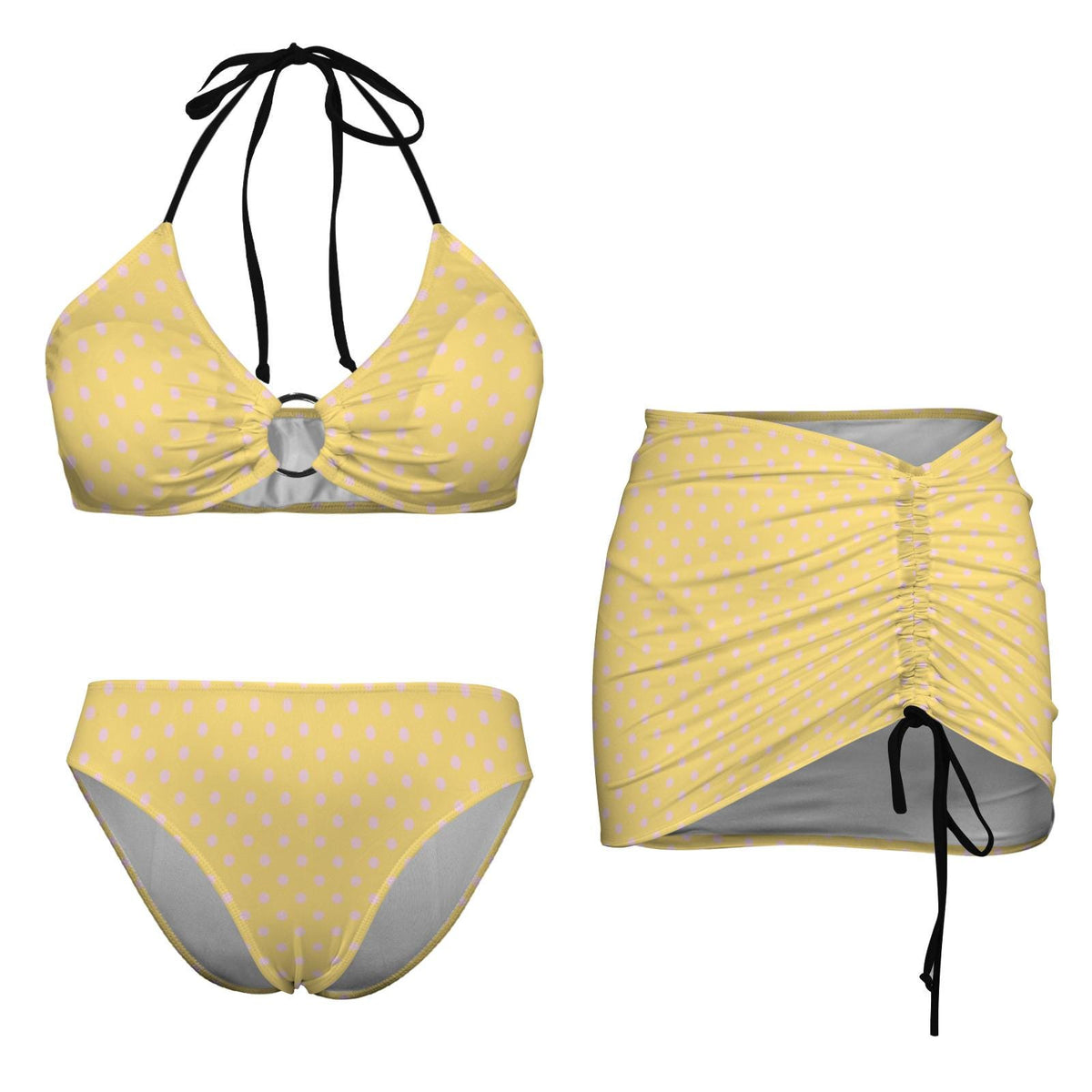 Halter Drawstring Three-Piece Swimsuit with Beach Skirt, Pin-Up Retro Vibe, Yellow & Pink Polka-Dot