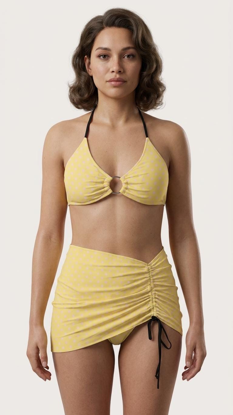 Halter Drawstring Three-Piece Swimsuit with Beach Skirt, Pin-Up Retro Vibe, Yellow & Pink Polka-Dot
