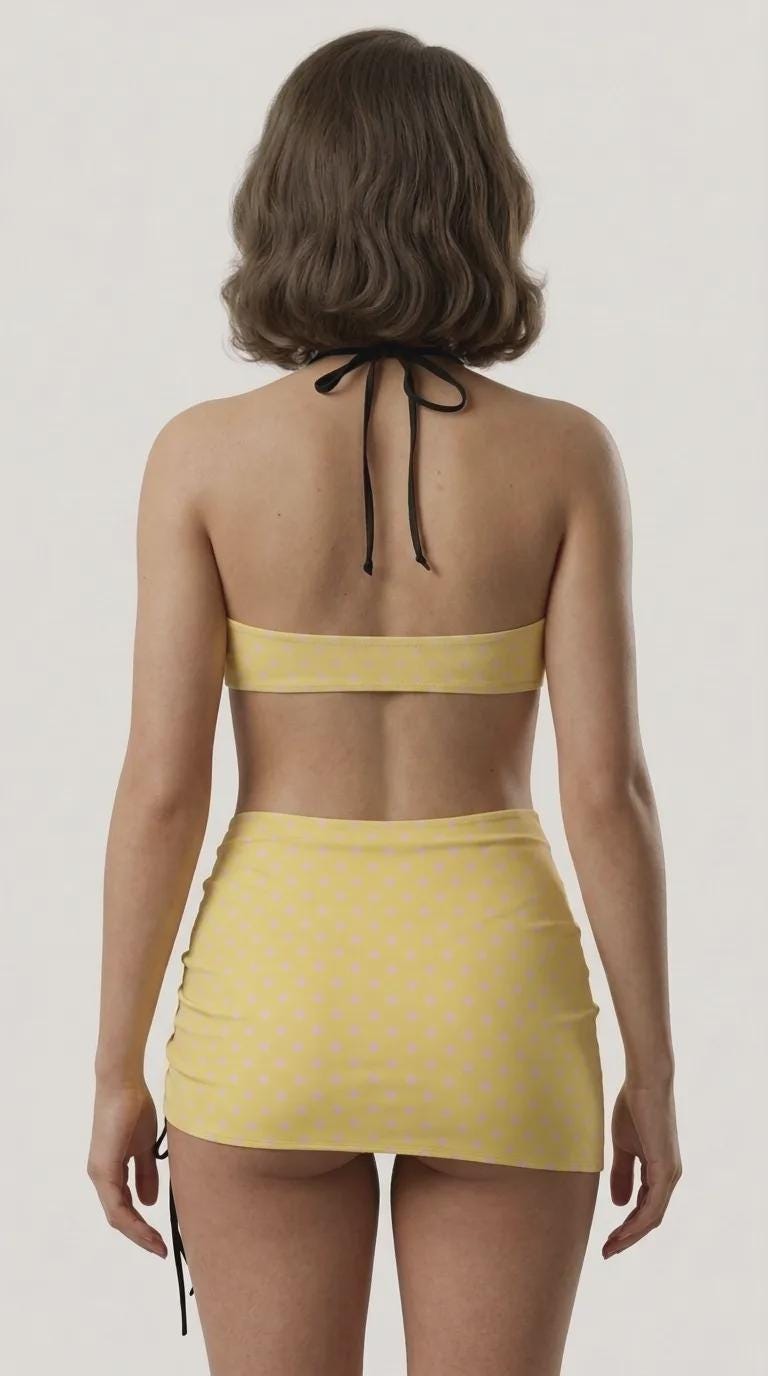 Halter Drawstring Three-Piece Swimsuit with Beach Skirt, Pin-Up Retro Vibe, Yellow & Pink Polka-Dot