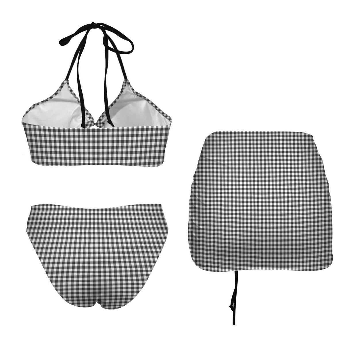 Halter Drawstring Three-Piece Swimsuit with Beach Skirt, Pin-Up Retro Vibe, Black & White Gingham