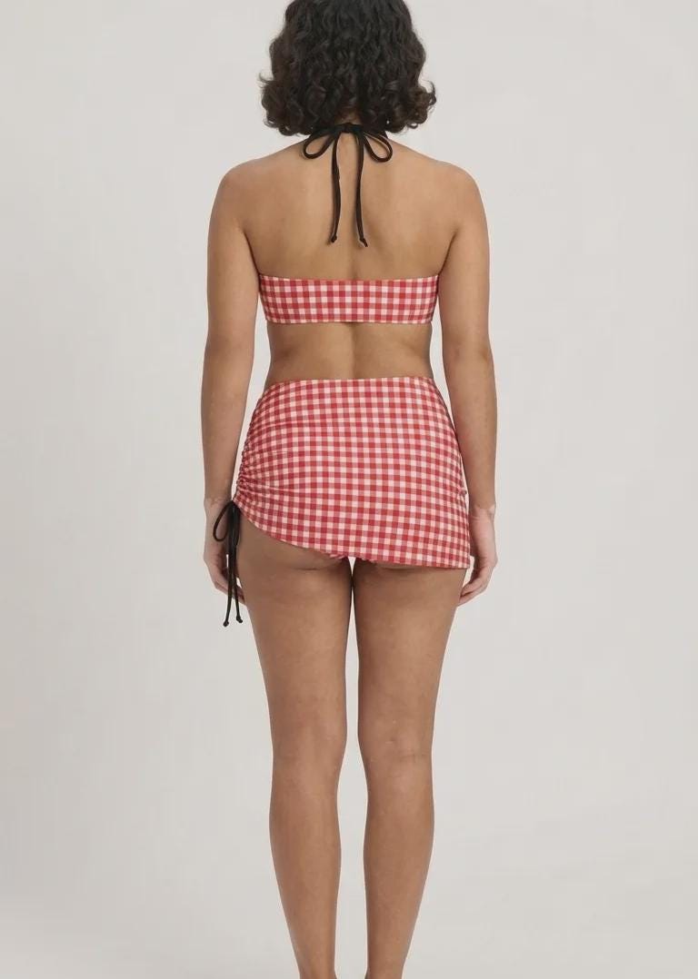 Halter Drawstring Three-Piece Swimsuit with Beach Skirt, Pin-Up Retro Vibe, Red & White Gingham