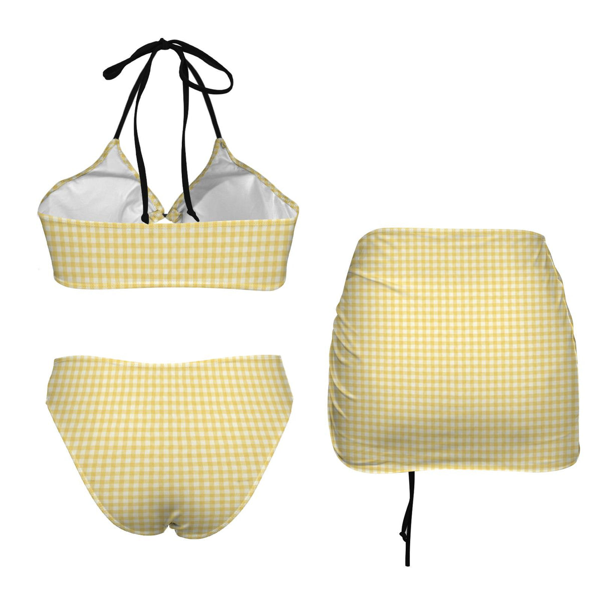 Halter Drawstring Three-Piece Swimsuit with Beach Skirt, Pin-Up Retro Vibe, Yellow & White Gingham