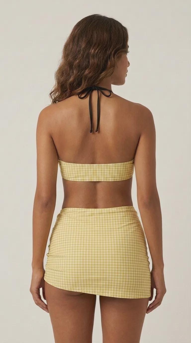 Halter Drawstring Three-Piece Swimsuit with Beach Skirt, Pin-Up Retro Vibe, Yellow & White Gingham
