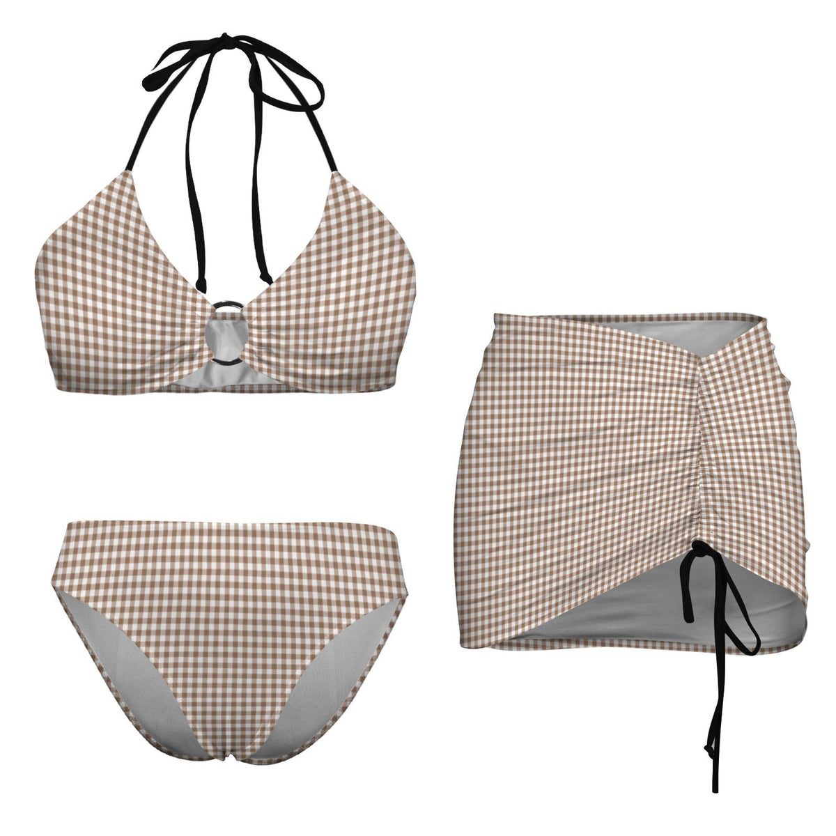 Halter Drawstring Three-Piece Swimsuit with Beach Skirt, Pin-Up Retro Vibe, Brown & White Gingham