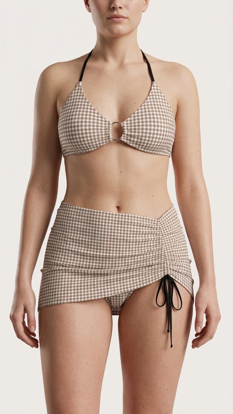 Halter Drawstring Three-Piece Swimsuit with Beach Skirt, Pin-Up Retro Vibe, Brown & White Gingham