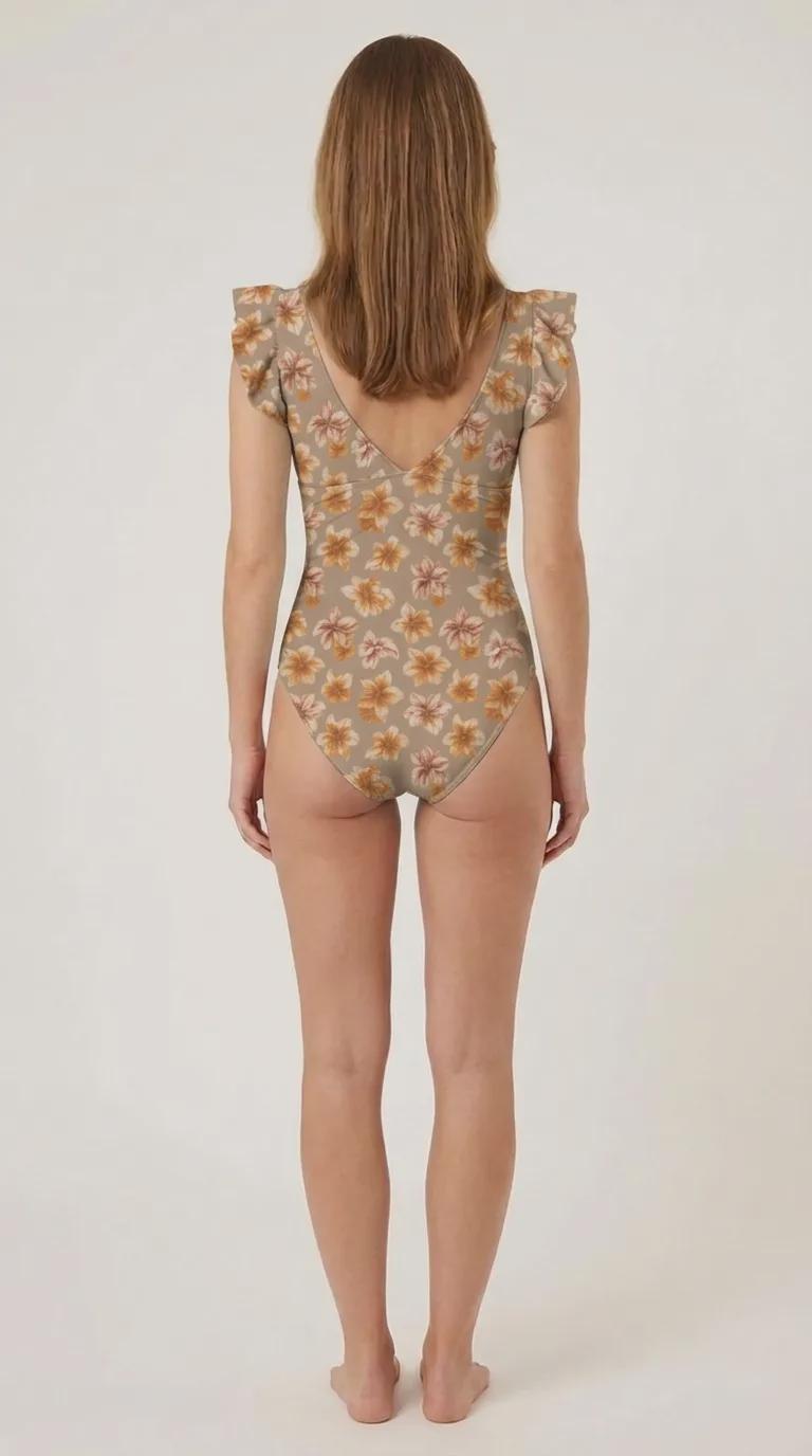 Coquette Romantic Vintage-Inspired Frill V-Neck Ruffle One-Piece Retro Swimsuit, Padding & Tummy Control, Mink Florals